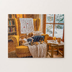 Spaniel duo in cosy winter armchair jigsaw puzzle