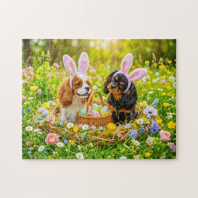 Spaniel duo in easter nest meadow jigsaw puzzle (Horizontal)