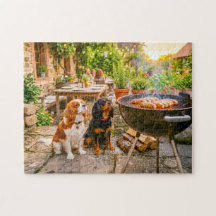 Spaniel duo watching terrace bbq sausages jigsaw puzzle