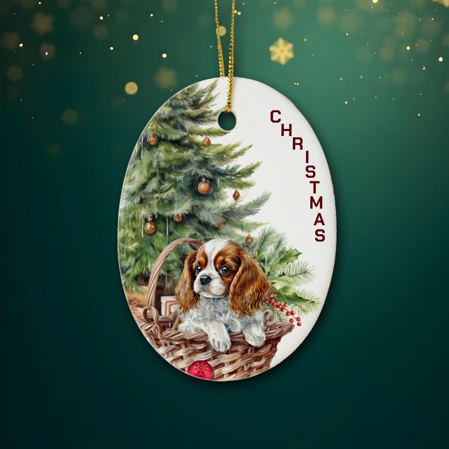 Spaniel Puppy Wicker Basket Christmas Ceramic Tree Decoration (Creator Uploaded)
