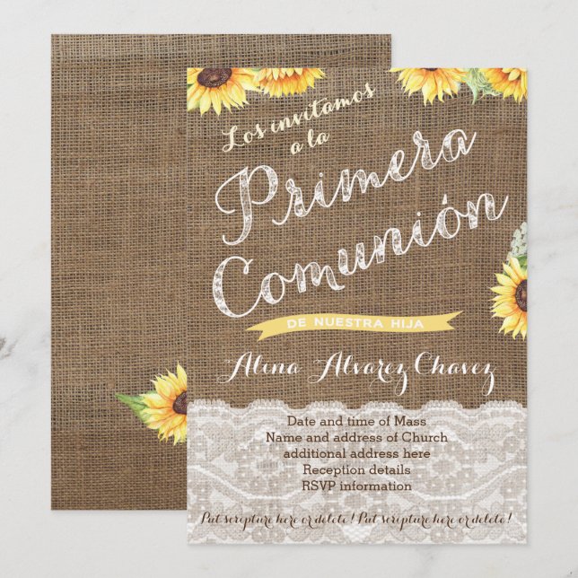 Spanish 1st Communion Invites for Latina Girl (Front/Back)