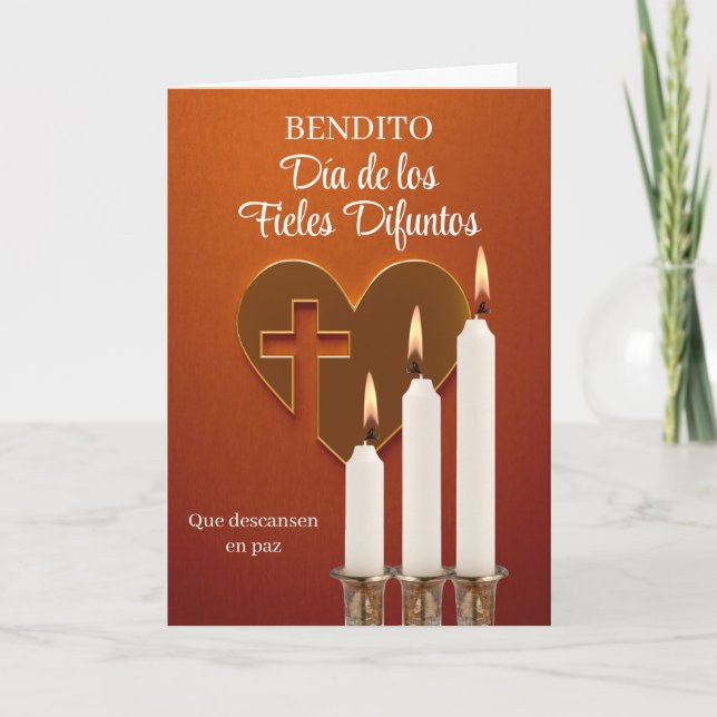 Spanish All Souls Day Heart Cross and Lit Candles Card (Front)