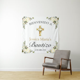 Spanish Baby Baptism Floral Gold Cross Welcome Tapestry