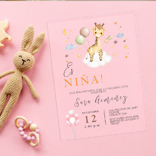 Spanish Baby Girl Shower Giraffe With Balloons  Acrylic Invitations
