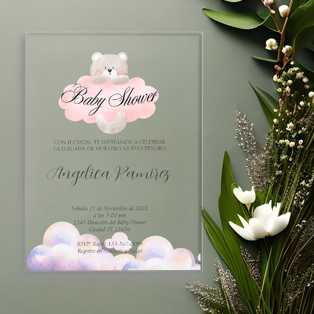 Spanish Baby Shower Bear Theme Cloud Gift Registry Acrylic Invitations (Spanish Baby Shower Bear Theme Cloud Gift Registry Acrylic Invitations)