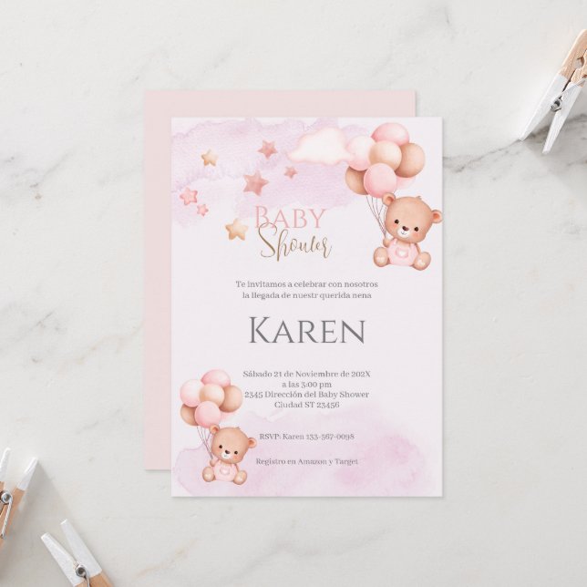 Spanish Baby Shower Invitation Pink Bear Girl (Front/Back In Situ)