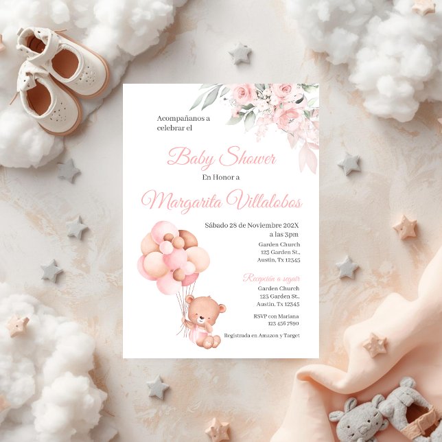 Spanish Baby Shower Invitation Pink Bear Girl (Creator Uploaded)