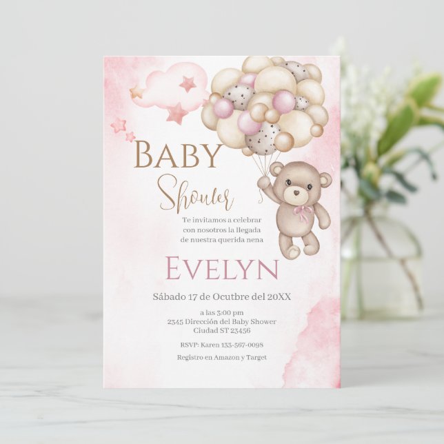 Spanish Baby Shower Invitation Pink Bear Girl (Standing Front)