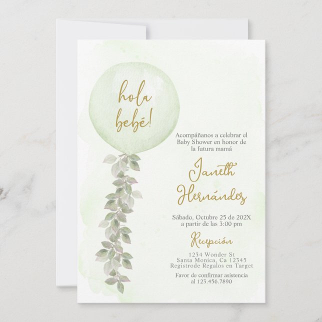 Spanish Baby Shower sage green balloons Invitation (Front)