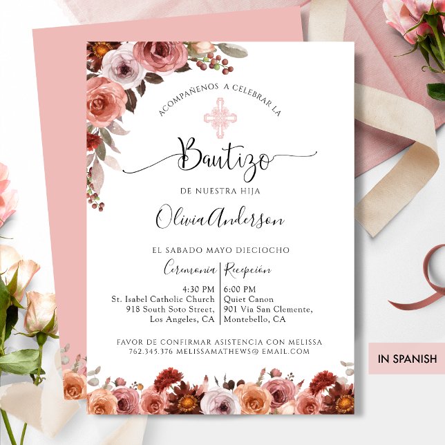 Spanish Baptism Blush Pink Floral Invitation (Creator Uploaded)