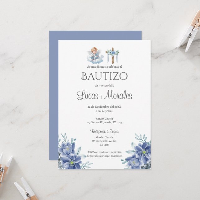 Spanish Baptism Boy invitation (Front/Back In Situ)