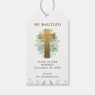 Spanish, Baptism Elegant Gold Cross with Greenery  Gift Tags