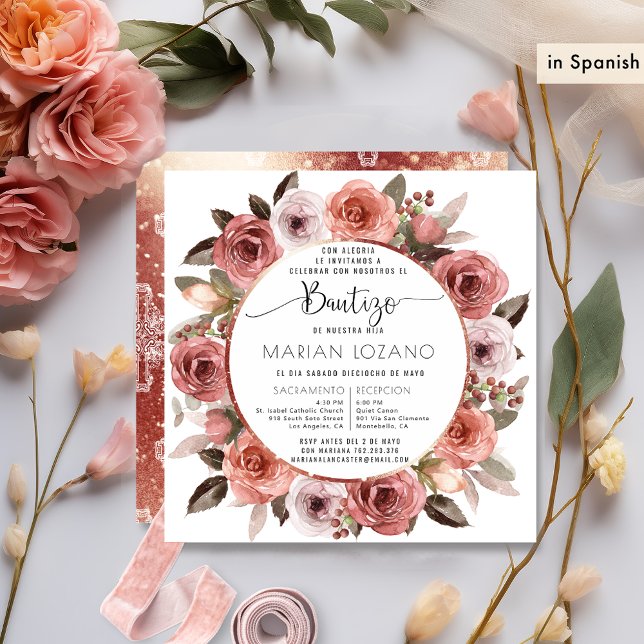 Spanish, Baptism, Rose Gold Floral Invitation (Creator Uploaded)