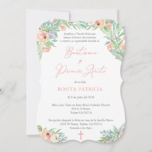 Spanish Bautismo Baptism & First Birthday for Girl Invitation