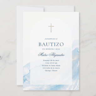 Spanish Bautizo Blue Watercolor Arch Cross Invitation
