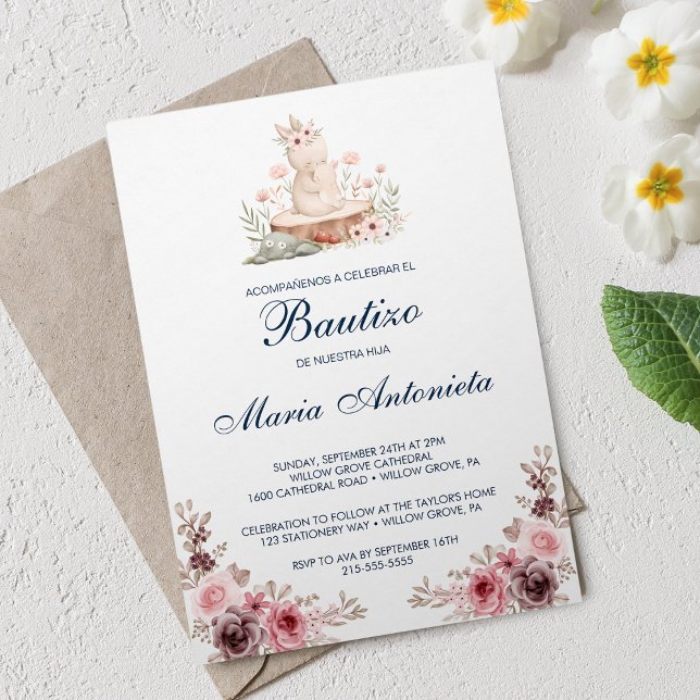 Spanish Bautizo De Niña Floral Bunny Baby  Invitation (Spanish Bautizo De Niña Floral Bunny Baby Invitation)