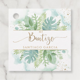 Spanish, Bautizo Greenery & Blue Green Watercolor Favour Tags