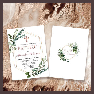 Spanish Bautizo Greenery Rose Gold Boy Baptism Invitation