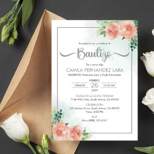 Spanish Bautizo Invitacion Pink Flowers Baptism Invitation