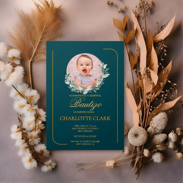 Spanish Bautizo Photo Greenery Elegant Gold  Invitation (Spanish Bautizo Photo Greenery Elegant Gold Invitation)