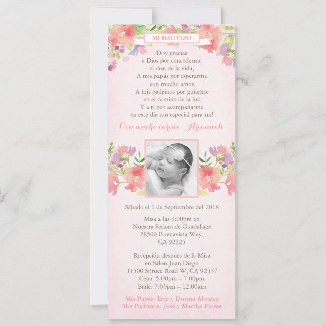 Spanish Bautizo Pink Floral Baptism invites girl (Front)