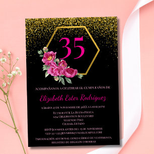 Spanish Beautiful Black Gold Pink 35th Birthday Invitation