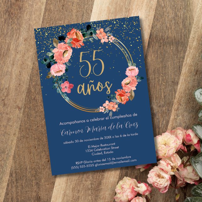 Spanish Beautiful Gold Floral 55th Birthday Party Invitation (Creator Uploaded)