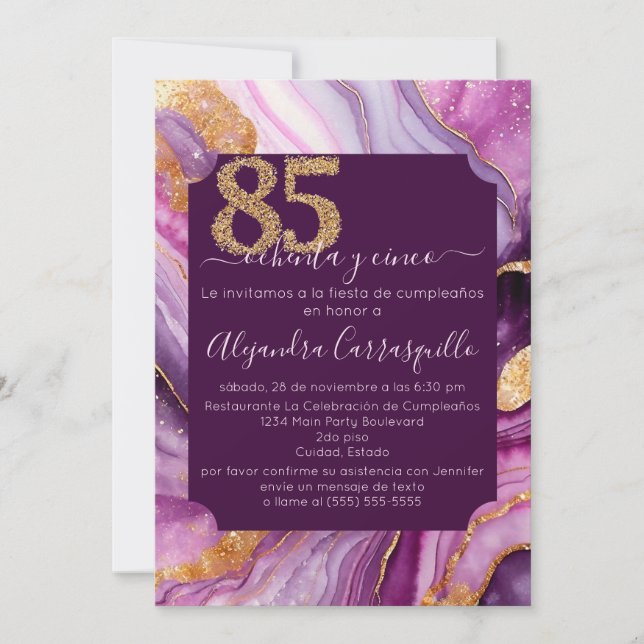 Spanish Beautiful Pink Agate 85th Birthday Party Invitation (Front)