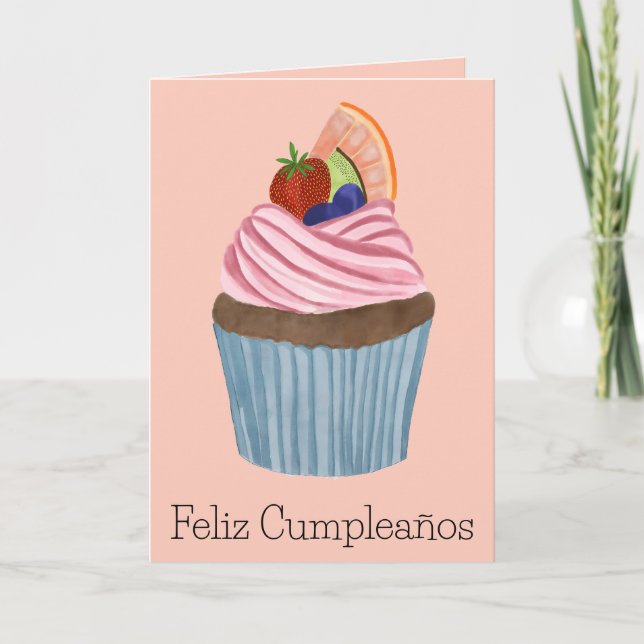 Spanish Birthday Fruit Cupcake Card (Front)