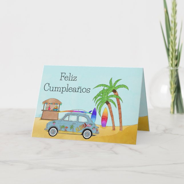 Spanish Birthday Hawaii Beach Fiat 500 Card (Front)