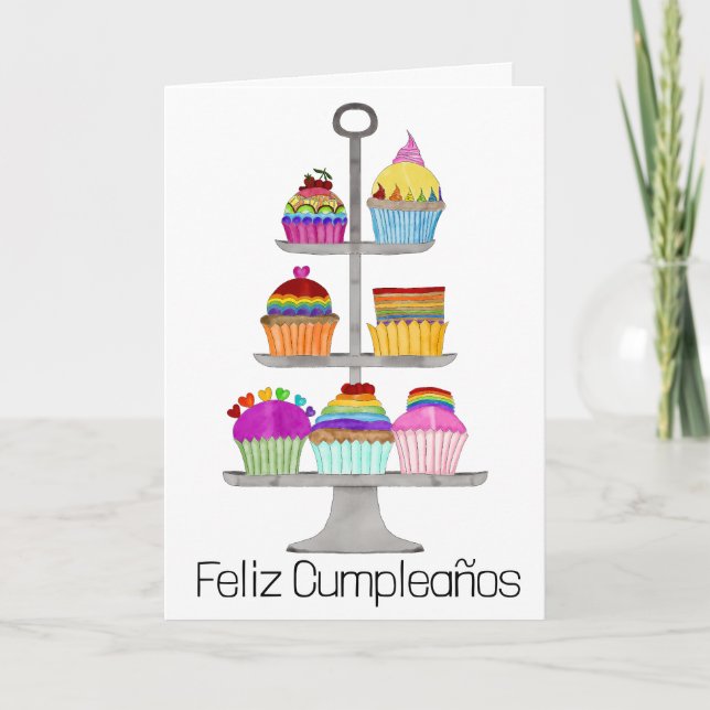 Spanish Birthday Rainbow colour cupcakes  Card (Front)