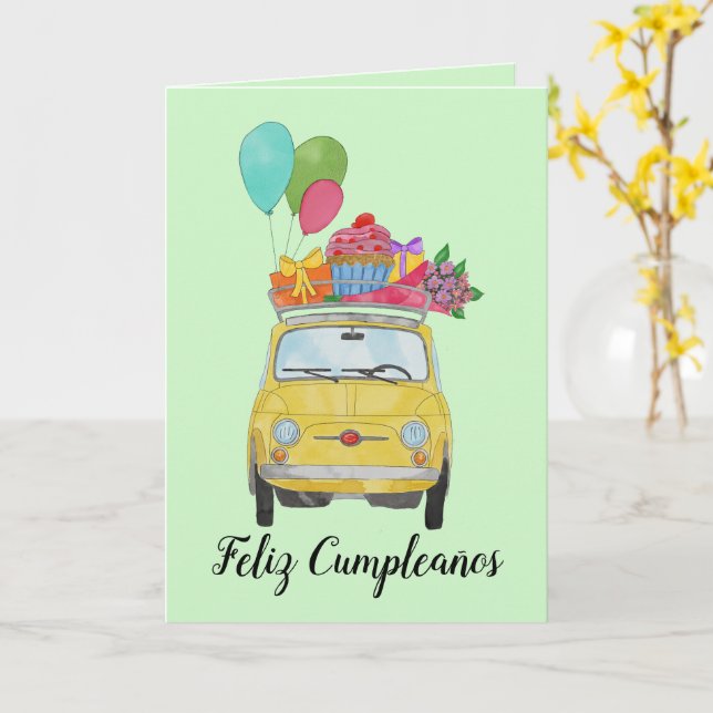 Spanish Birthday Retro Fiat 500 Card (Yellow Flower)