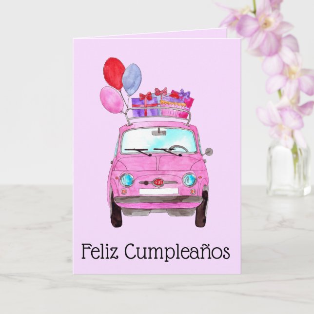 Spanish Birthday Retro Fiat 500 Card (Orchid)