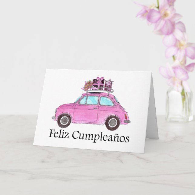 Spanish Birthday Retro Fiat 500 Card (Orchid)
