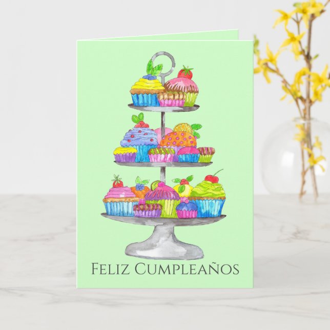 Spanish Birthday Watercolor cupcakes  Card (Yellow Flower)