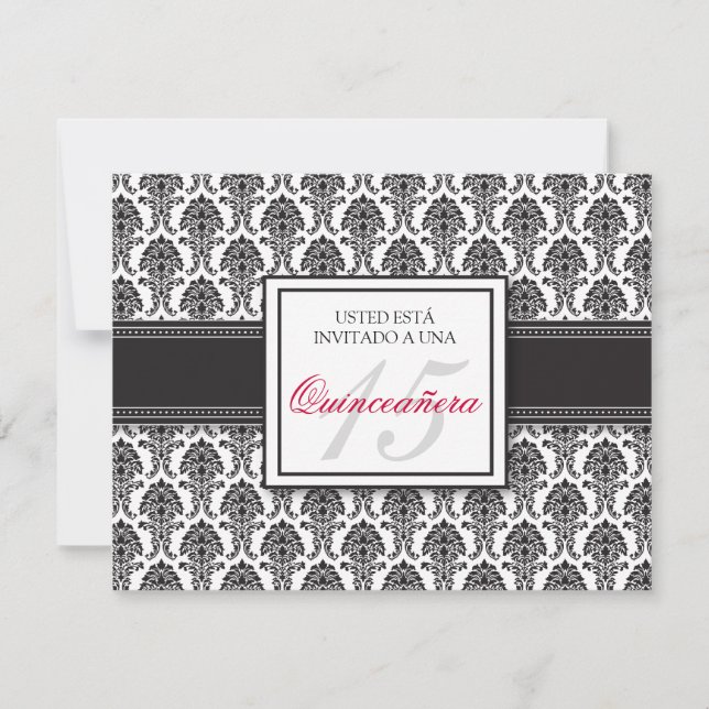 SPANISH Black Damask Quinceañera Formal Invitación Invitation (Front)