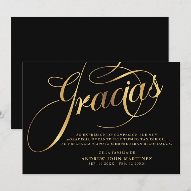 Spanish Black  & Gold Calligraphy Funeral  Thank You Card (Front/Back)