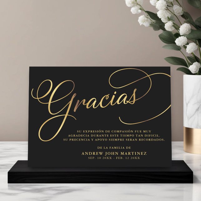 Spanish Black & Gold Calligraphy Funeral Thank You Card (Creator Uploaded)