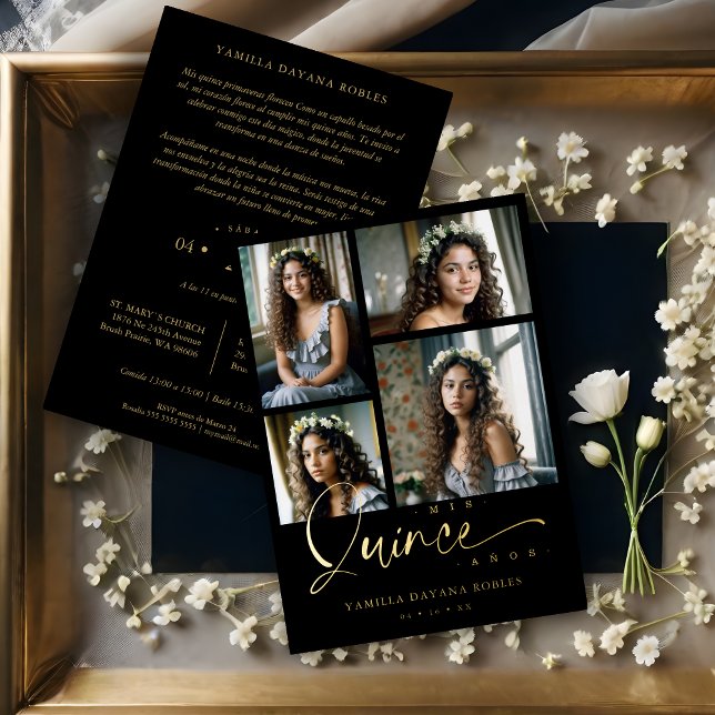 Spanish Black Trendy Quinceañera Collage 4 Photos (Spanish Black Trendy Quinceañera Collage 4 Photos Metallic Foil Invitation Card. )