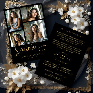 Spanish Black Trendy Quinceañera Collage 4 Photos Invitation