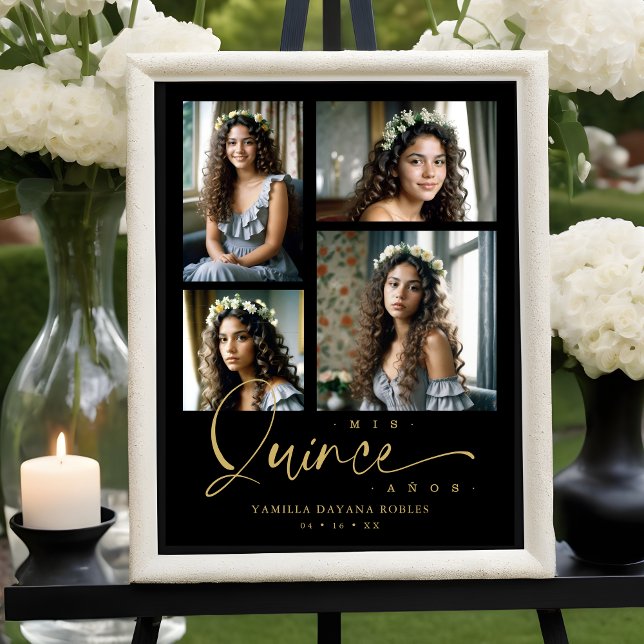 Spanish Black Trendy Quinceañera Collage 4 Photos Poster (Spanish Black Trendy Quinceañera Collage 4 Photos Poster.)