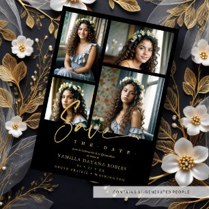 Spanish Black Trendy Quinceañera Collage 4 Photos Save The Date
