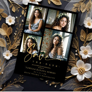 Spanish Black Trendy Quinceañera Collage 4 Photos Save The Date