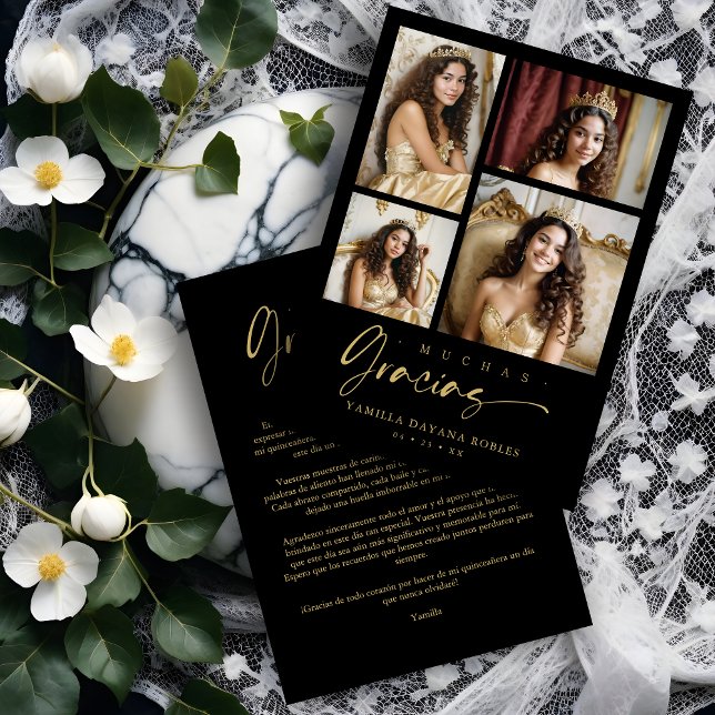 Spanish Black Trendy Quinceañera Collage 4 Photos Thank You Card (Spanish Black Trendy Quinceañera Collage 4 Photos Thank You Card.)