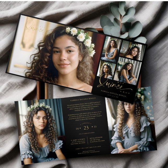 Spanish Black Trendy Quinceañera Collage 7 Photos Tri-Fold Invitation (Spanish Black Trendy Quinceañera Collage 7 Photos Invitation Tri-Fold Card with Envelope.)