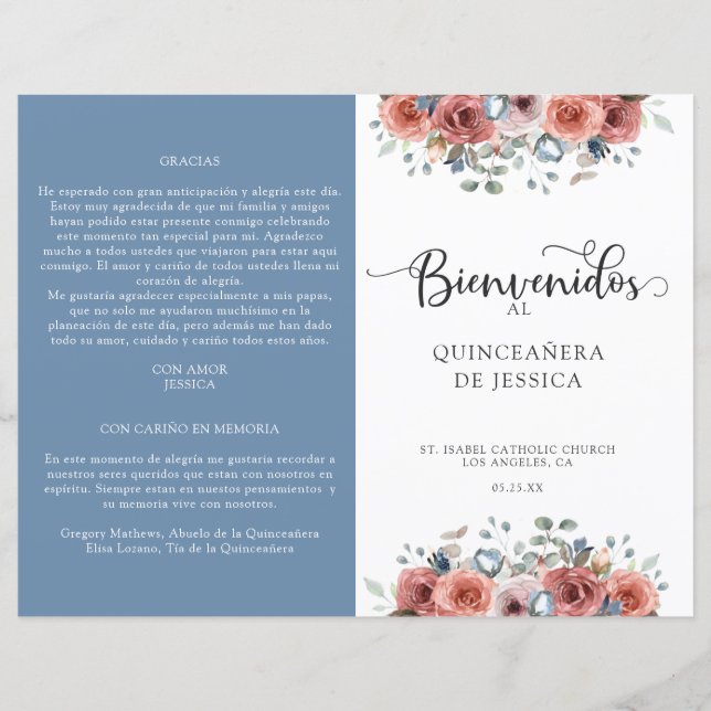 Spanish, Blue and Blush Floral Quinceanera Program (Front)