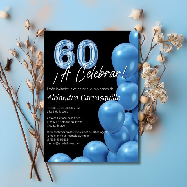 Spanish Blue Balloons Black Cool 60th Birthday Invitation (Creator Uploaded)