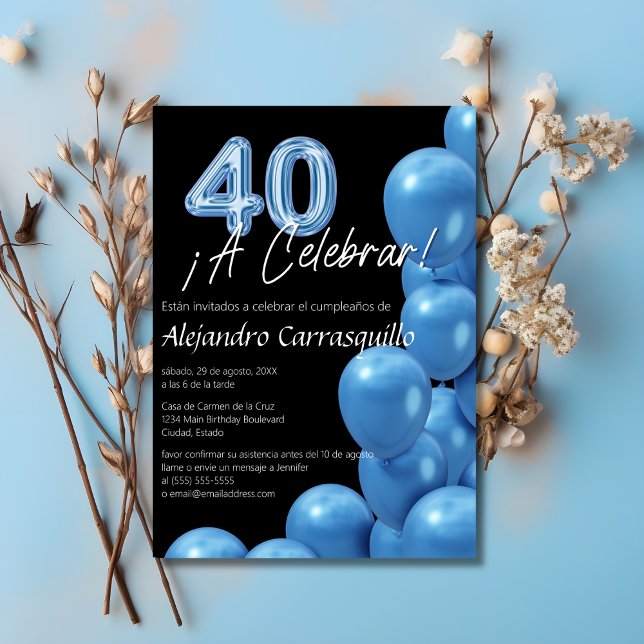 Spanish Blue Balloons on Black Fun 40th Birthday Invitation (Creator Uploaded)