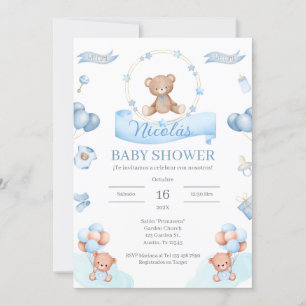 Spanish Blue Bear  Baby Shower Invitation