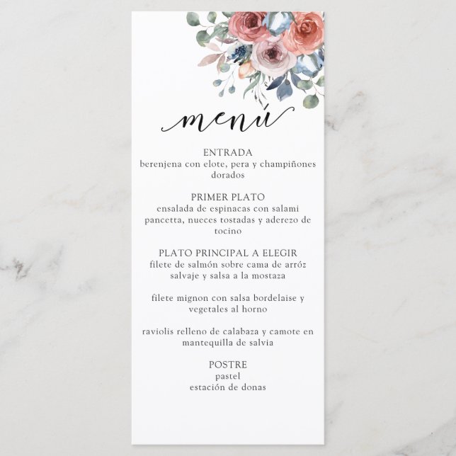Spanish Blue , Blush Blissful Floral Elegant Menu (Front)